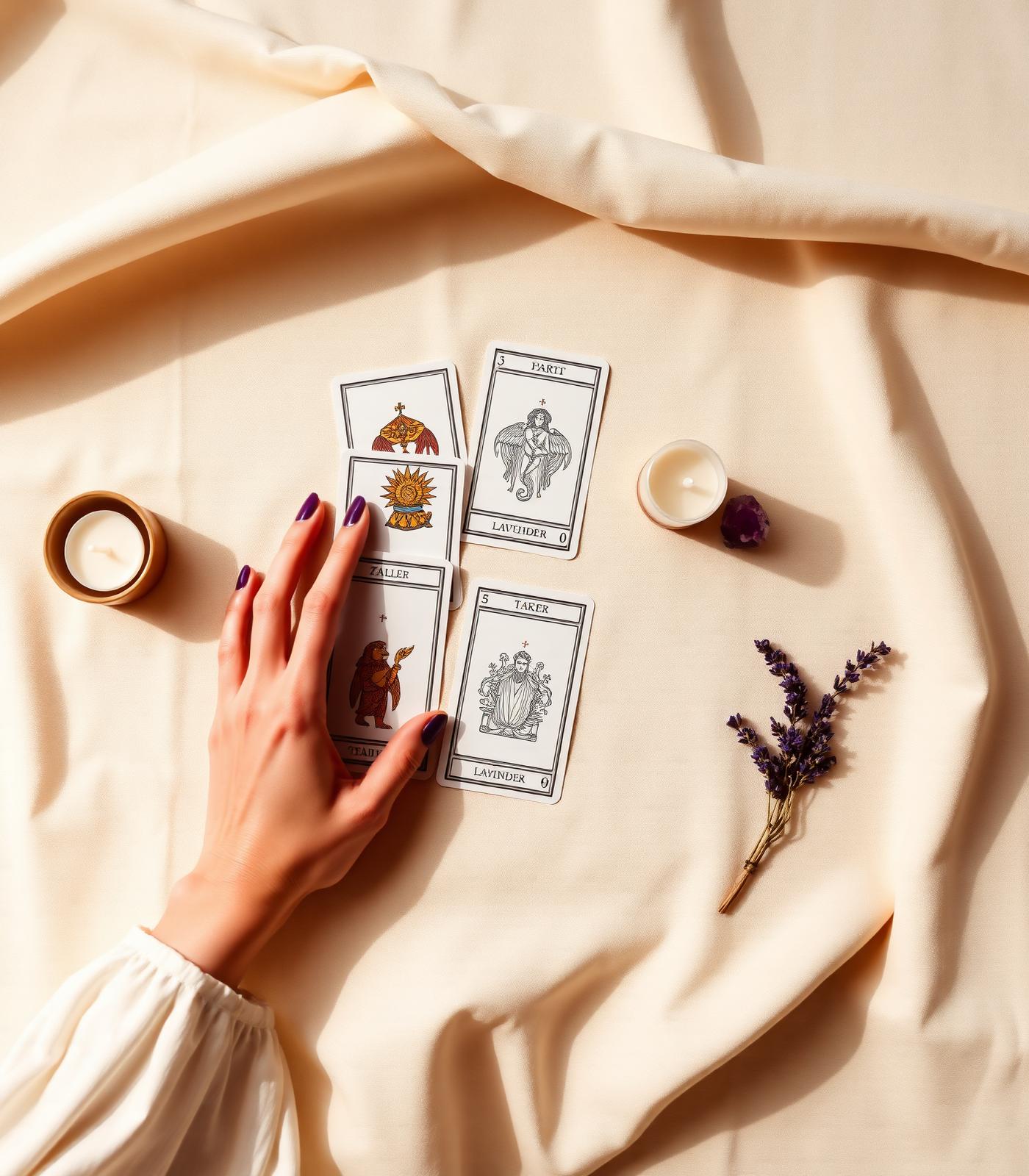 Manos disponiendo cartas de tarot sobre un mantel de lino en una sesión de lectura
