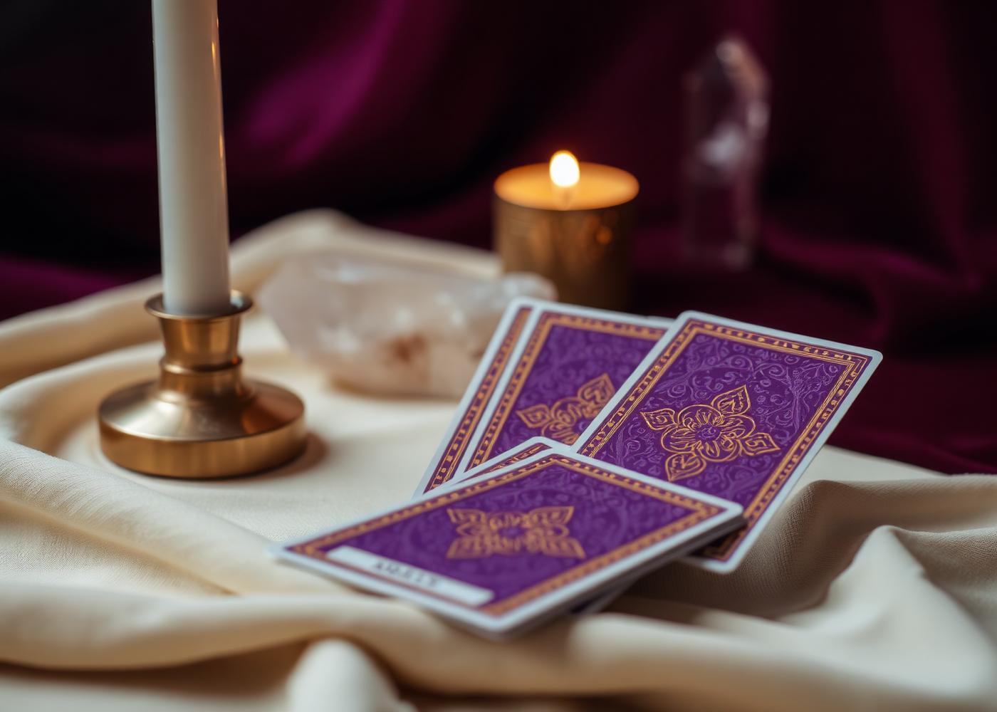 Mesa de consulta con cartas de tarot y una vela